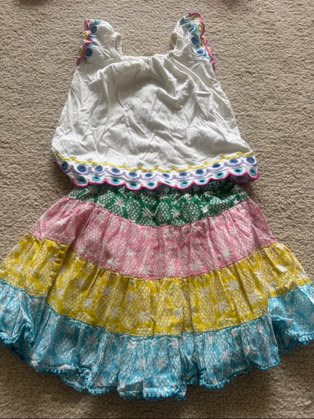 Mini Boden White Ruffle Tank with Green, Pink, Yellow & Blue Tiered Skirt